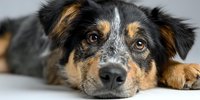 Adorable mixed breed puppy with black tan coat lying down looking at camera with expressive brown eyes on white background for pet adoption campaigns.