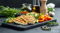 Grilled halloumi cheese with fresh vegetables and herbs on black stone board, seasoned with olive oil and spices. Mediterranean cuisine closeup.