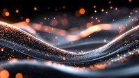 Glowing abstract wave with orange and blue light particles flowing on dark background, dynamic energy motion effect for modern technology designs.