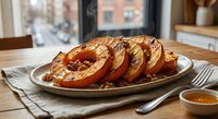 Roasted acorn squash slices with caramelized glaze and walnuts on a rustic plate, steaming hot, served on a wooden table by a window.