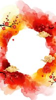 Watercolor Chinese New Year frame with red lanterns, cherry blossoms, golden clouds and traditional decorations on white background for festive designs.