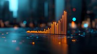 Glowing orange financial graph bars rising against dark blue background with bokeh lights, showing business growth and market analysis data visualization.
