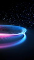 Glowing neon spiral light trail with blue and pink colors against dark background, floating particles create futuristic atmosphere for technology concepts.
