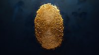 Golden fingerprint on dark blue background, symbolizing security, identity verification, and digital authentication for technology and biometric concepts.