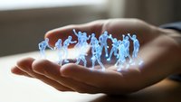 Holographic business team figures floating above open palm showcasing digital workforce management and virtual collaboration technology concepts.