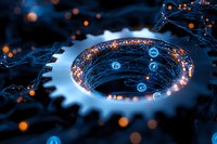 Glowing gear mechanism with digital network connections and orange light particles floating in dark blue technological environment. Modern industrial concept.