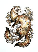 Decorative otter illustration with ornamental swirls, floral elements, and golden accents on white background. Isolated artwork suitable for apparel, stickers, and design projects.
