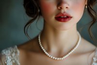 Close up portrait of young woman wearing red lipstick and pearl necklace against teal background, with soft focus on lips and delicate lace details.