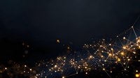 Glowing golden network connections and dots on dark background, abstract technology concept visualization for digital transformation and connectivity.