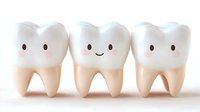 Three cute cartoon tooth characters with smiling faces standing together on white background, dental health concept for children education and oral care.
