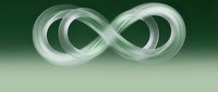 Translucent infinity symbol with flowing curves on gradient green background for business concepts and mathematical presentations.