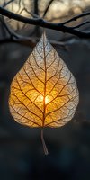 Delicate skeleton leaf hanging on branch backlit by golden sunset light reveals intricate vein patterns and natural transparency in atmospheric nature scene.