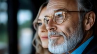 Mature Caucasian businessman with gray beard and glasses looking up thoughtfully while young female colleague stands in background, office setting.