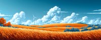 Panoramic autumn landscape with golden wheat fields and wind turbines against dramatic cloudy sky, showcasing sustainable energy in rural farmland setting.
