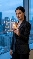 Professional businesswoman lawyer holding digital justice scales hologram in modern office with city skyline background for legal technology concepts.