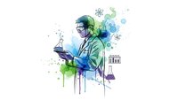 Scientist in lab coat conducting chemical experiment with colorful watercolor splash effects on white background for medical research designs.