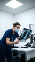 Female doctor in blue scrubs examining chest x-ray film in modern medical office wearing protective mask for healthcare diagnosis and treatment.