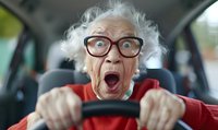 Excited senior woman with gray hair and glasses expressing shock while gripping steering wheel in car, showing extreme surprise and energetic emotion in red sweater.