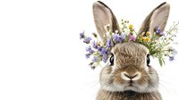 Adorable brown bunny rabbit with spring wildflowers and delicate purple blooms decorating ears on white background, isolated design element for Easter cards.