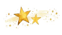 Golden stars with sparkling trail on white background, watercolor style celestial elements for greeting cards, holiday designs and festive decorations.