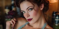 Young Caucasian woman with elegant makeup and red lipstick in warm indoor lighting, portrait shot with soft bokeh background for beauty and lifestyle content.