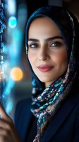 Middle Eastern businesswoman in hijab smiling confidently against blurred city lights background, representing modern professional diversity and inclusion.