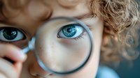 Close up view of bright blue eyes seen through magnifying glass with curly blonde hair visible, creating optical illusion effect for creative photography and vision concepts.