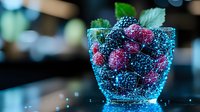 Fresh berries and mint leaves in sparkling carbonated water with ice cubes against dark background, refreshing summer drink closeup with bubbles.