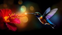 Vibrant hummingbird with iridescent feathers hovering near red hibiscus flower against dark background with soft bokeh lights creating magical nature scene.