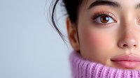 Close up portrait of young Asian woman with natural makeup, rosy cheeks and pink sweater against light background, showing fresh glowing skin and brown eyes.