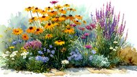 Watercolor garden scene with orange daisies, purple lavender spikes, blue and white wildflowers in natural meadow setting for botanical art and decor.