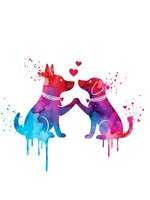 Two dogs in love with watercolor gradient effect and paint drips on white background. Pet romance concept for Valentine's Day greeting cards and romantic designs.