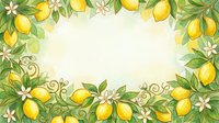 Lemon fruits with white flowers and green leaves forming decorative border frame on cream background, suitable for invitations, greeting cards, and spring designs.