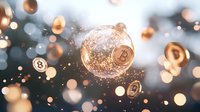 Glowing cryptocurrency coins floating in magical bokeh atmosphere with sparkles and light effects, futuristic financial concept on blurred background.