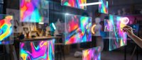 Colorful neon holographic screens displaying vibrant liquid gradient patterns with glowing rainbow effects in dark environment for digital art and technology concepts.