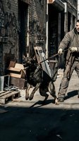Homeless man with German Shepherd dog pulling cart through urban alley with graffiti walls and scattered belongings for survival storytelling concepts.
