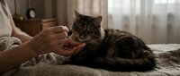 Elderly person giving medicine or treat to a tabby cat lying on a cozy bed, warm home interior, pet care and bonding moment.