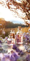 Glass bottles with rose liquid surrounded by fresh lavender and wildflowers on wooden surface in warm sunset light, creating magical aromatherapy atmosphere.