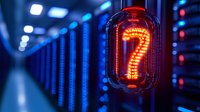 Glowing orange nixie tube digit seven displayed against blurred blue server room background with LED indicators and data center equipment.