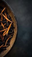 Dried chili peppers and black tea leaves arranged in rustic bowl on dark background, suitable for food and beverage design projects.