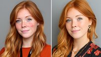 Young woman with ginger hair, blue eyes and freckles smiling at camera in two different poses. Natural beauty portrait showing genuine expression and confidence.