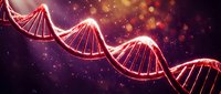 Glowing DNA double helix structure with red luminous strands against dark cosmic background with sparkling particles for genetic research presentations.