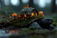 Magical forest dwelling on turtle shell glowing at dusk with illuminated mushrooms and moss, fantasy miniature house scene with warm light in windows.