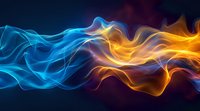 Ethereal blue and orange smoke waves colliding in dramatic contrast against dark background, creating dynamic flowing abstract shapes for creative design projects.