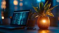 Cozy evening workspace with illuminated knitted vase holding plant next to laptop displaying code on dark desk against blurred blue bokeh background.