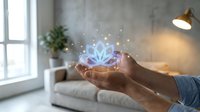 Hands holding glowing lotus flower hologram in modern living room with natural light, representing wellness, meditation, spirituality and mindfulness practices for relaxation.