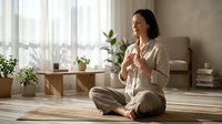 Young woman practicing mindfulness meditation in peaceful home interior with natural light and plants creating serene wellness atmosphere.