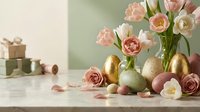 Elegant Easter composition with pink tulips, golden eggs, gift boxes and decorative elements on soft pastel background for spring holiday celebrations.