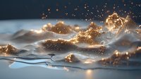 Magical glowing particles floating over silky waves create ethereal atmosphere with golden sparkles and soft misty effect in dark moody setting.