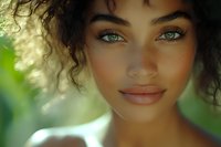Young mixed-race woman with curly hair and striking green eyes in natural outdoor lighting with soft bokeh background for beauty and lifestyle concepts.